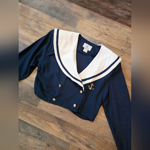 Jonathan Martin Vintage 80's Women's Navy Blue & White Cropped Sailor Blouse 7/8 - Picture 2 of 9